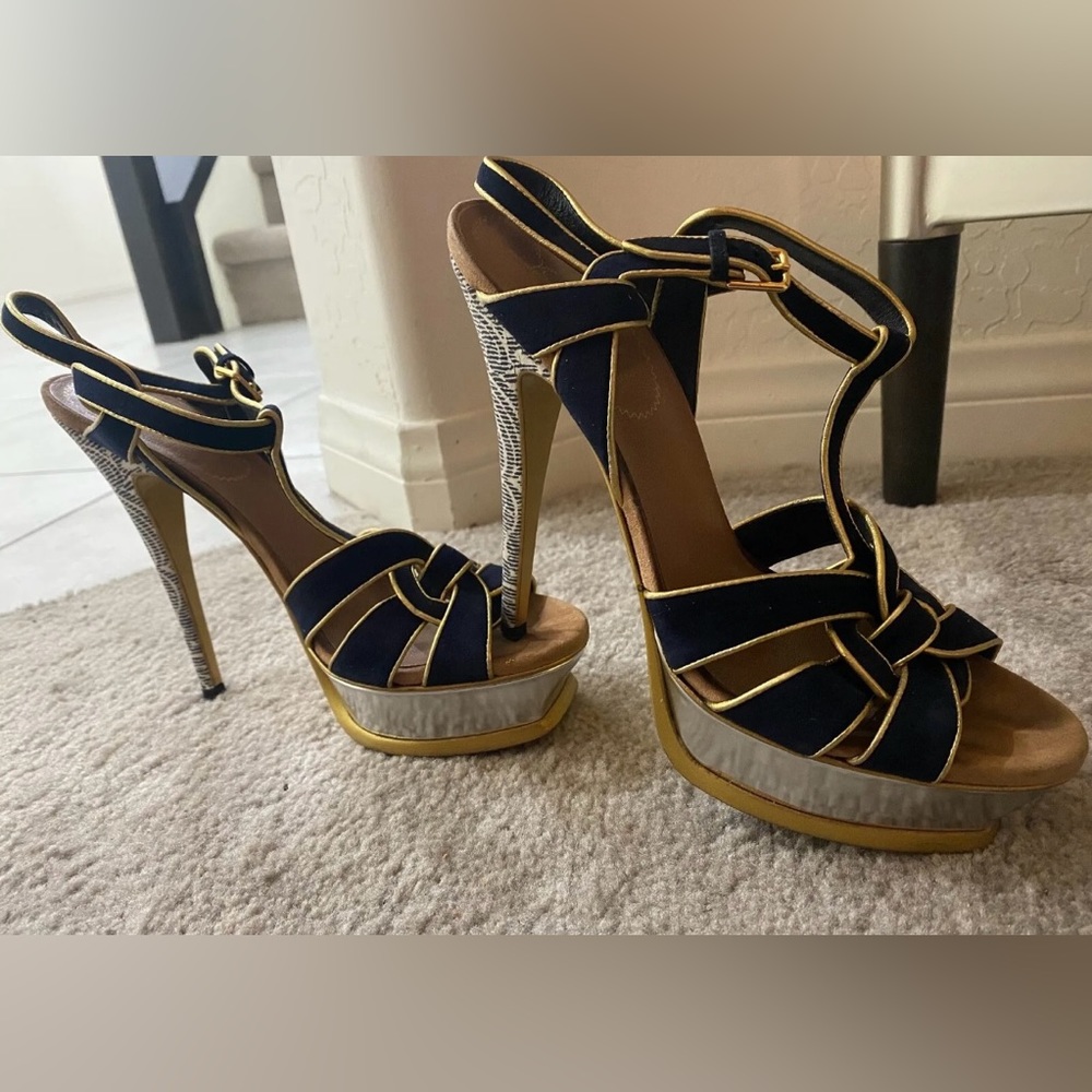 YSL Saint Laurent Tribute Suede Black Gold Multi Color Print Platform Sandals!!!